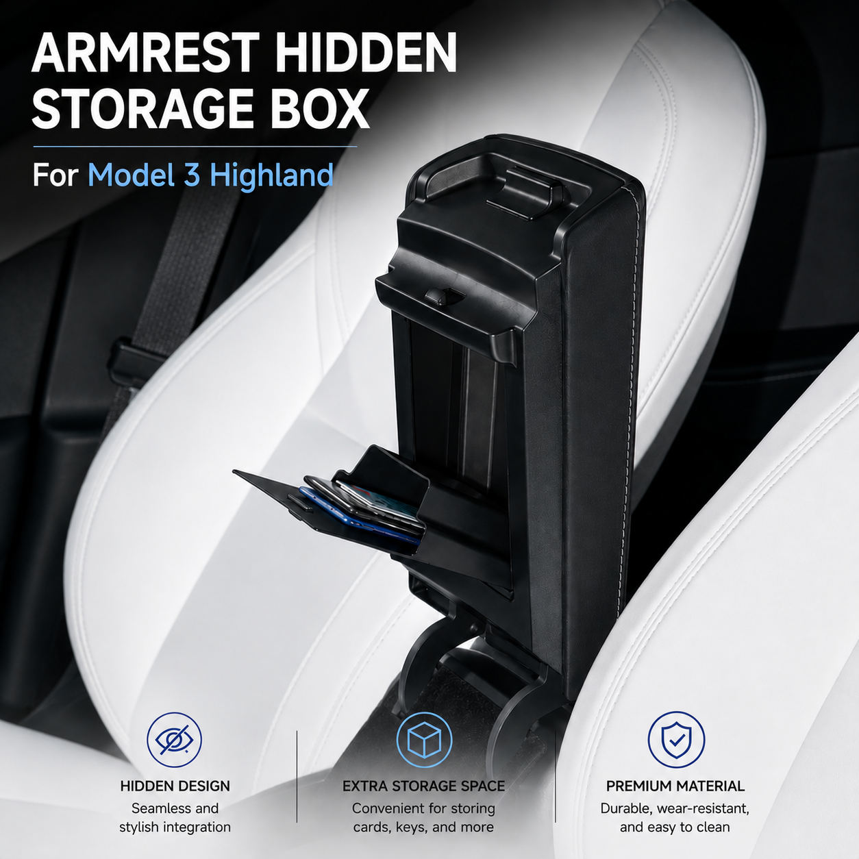 Premium Hidden Magnetic Armrest Storage Box for Model 3 Highland