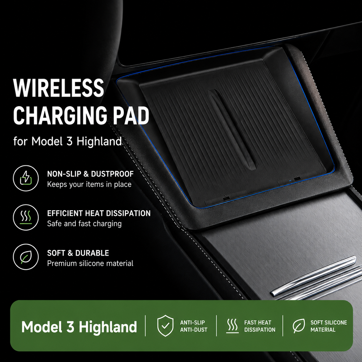 Center Console Wireless Charging Silicone Anti-Slip Pad For 3 Highland