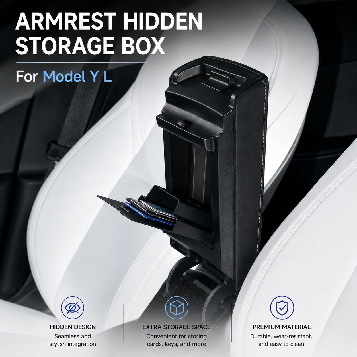 Premium Hidden Magnetic Armrest Storage Box for Model Y L